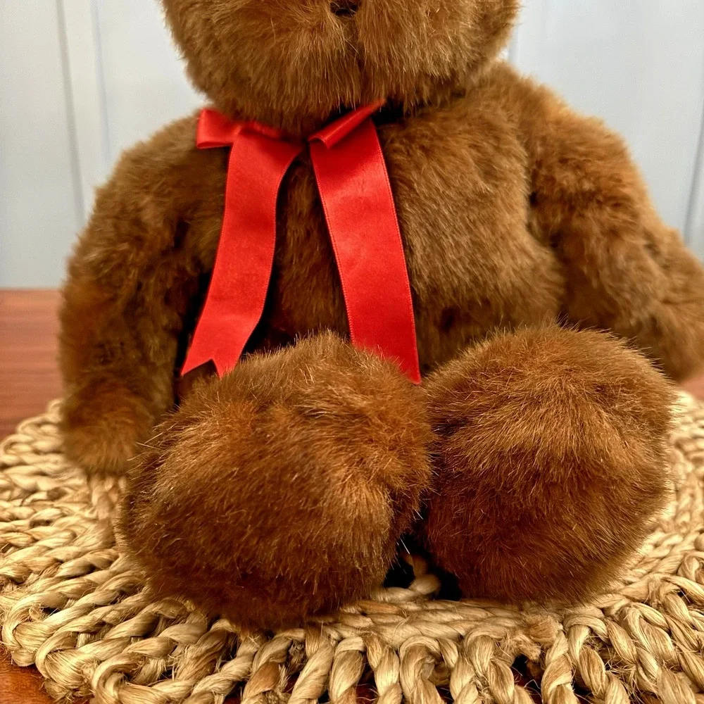 Vintage TY PJ (1990) Brown Teddy Bear W/ Red Bow 1st Generation *EUC* Plush 17